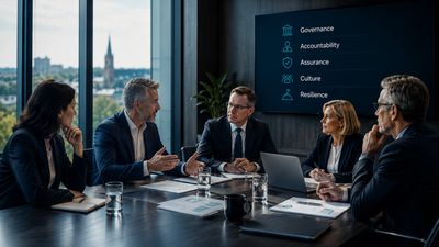 Business professionals discussing governance and accountability in a meeting room.
