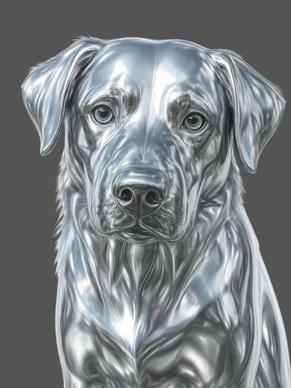 A metallic silver dog portrait on a gray background.