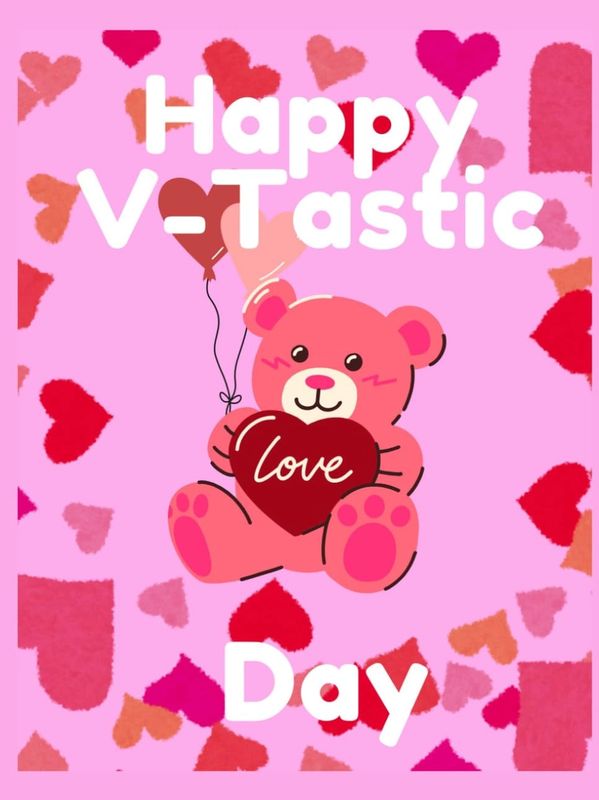 Cute pink teddy bear holding a heart with 'love' on a pink heart-filled background.