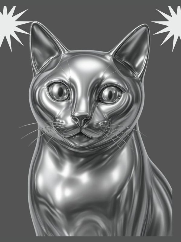 A shiny metallic silver cat sculpture with reflective surfaces.
