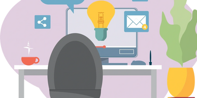 Illustration of a workspace with a computer, coffee, and communication icons.