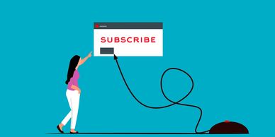 Woman pointing at a large subscribe button connected to an oversized mouse.