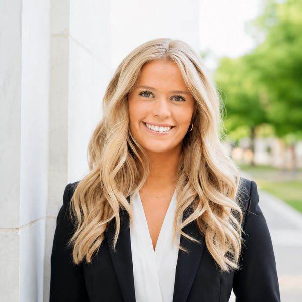Smiling woman with long blonde hair in business attire standing outdoors.