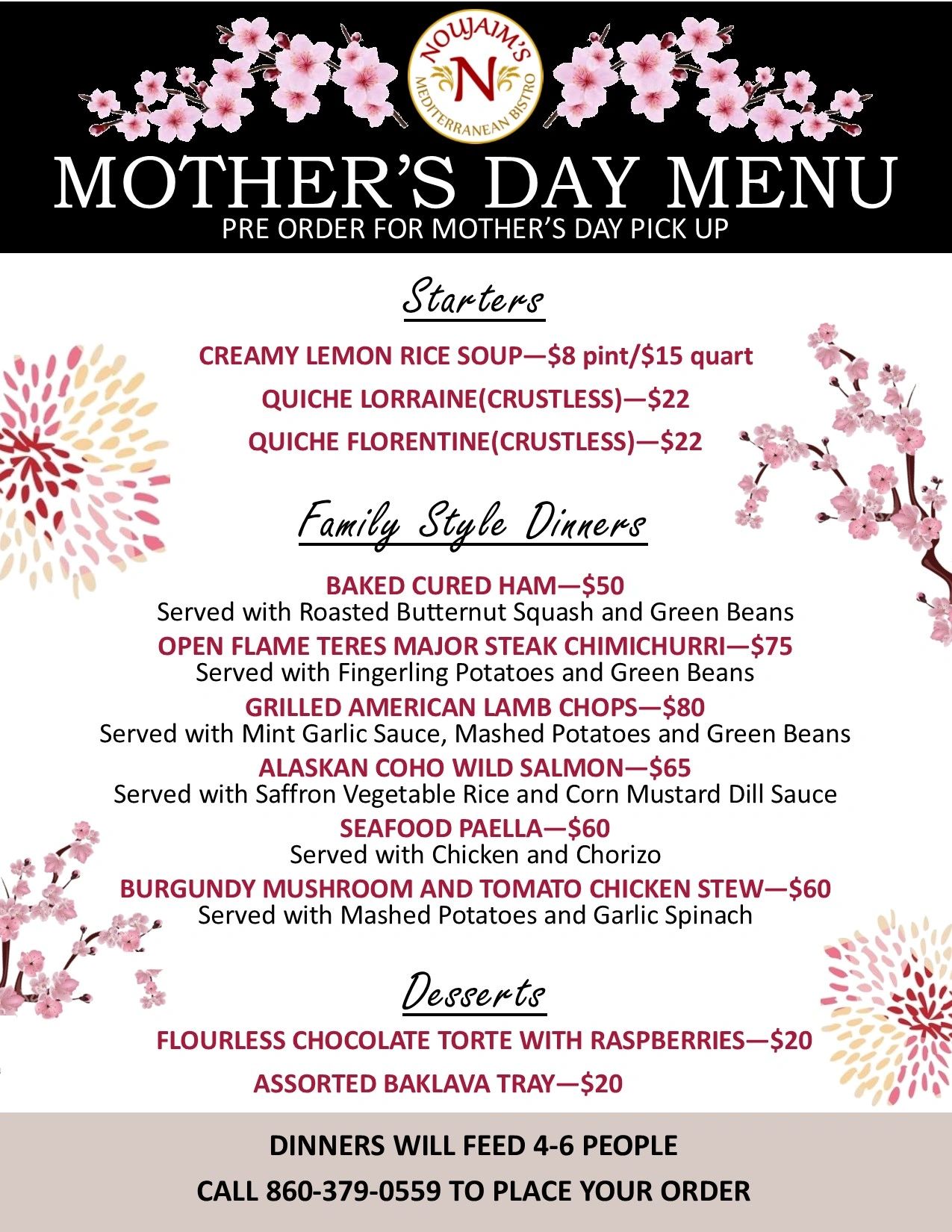 Mother's Day menu featuring starters, family-style dinners, and desserts from Noujaim's Mediterranean Bistro.
