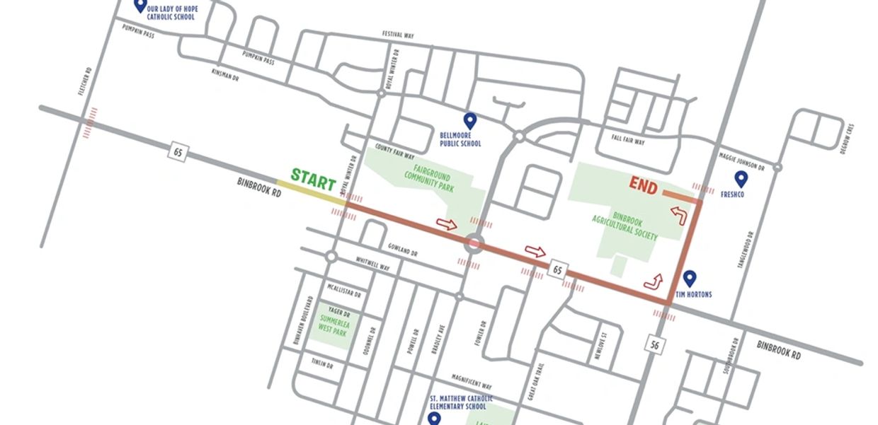 Map showing a route from START to END along Binbrook Rd.