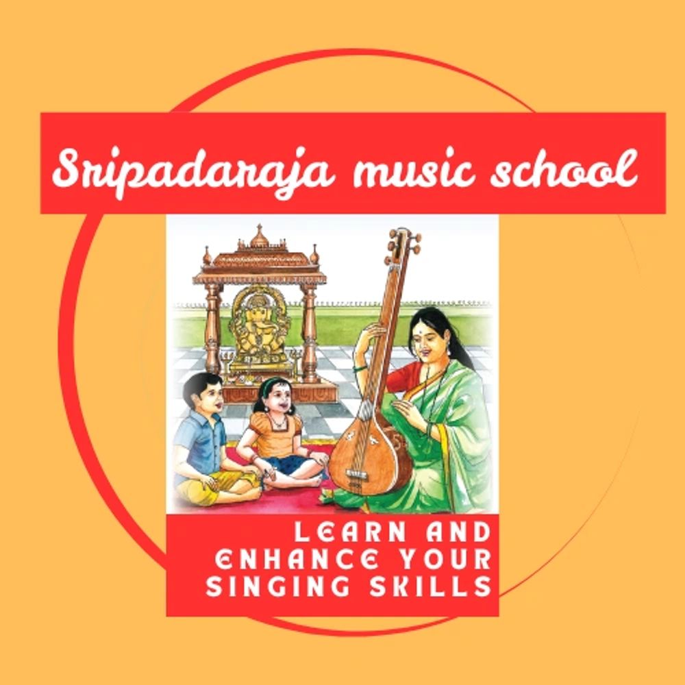 Sripadaraja music school promoting singing skills with a teacher and children.
