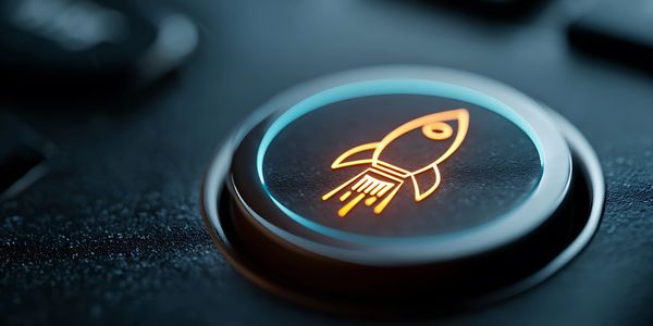 Glowing rocket icon button symbolizing launch or startup.