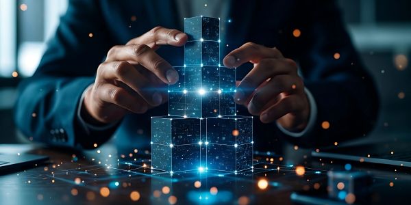 Hands building a glowing digital cube tower representing technology and innovation.