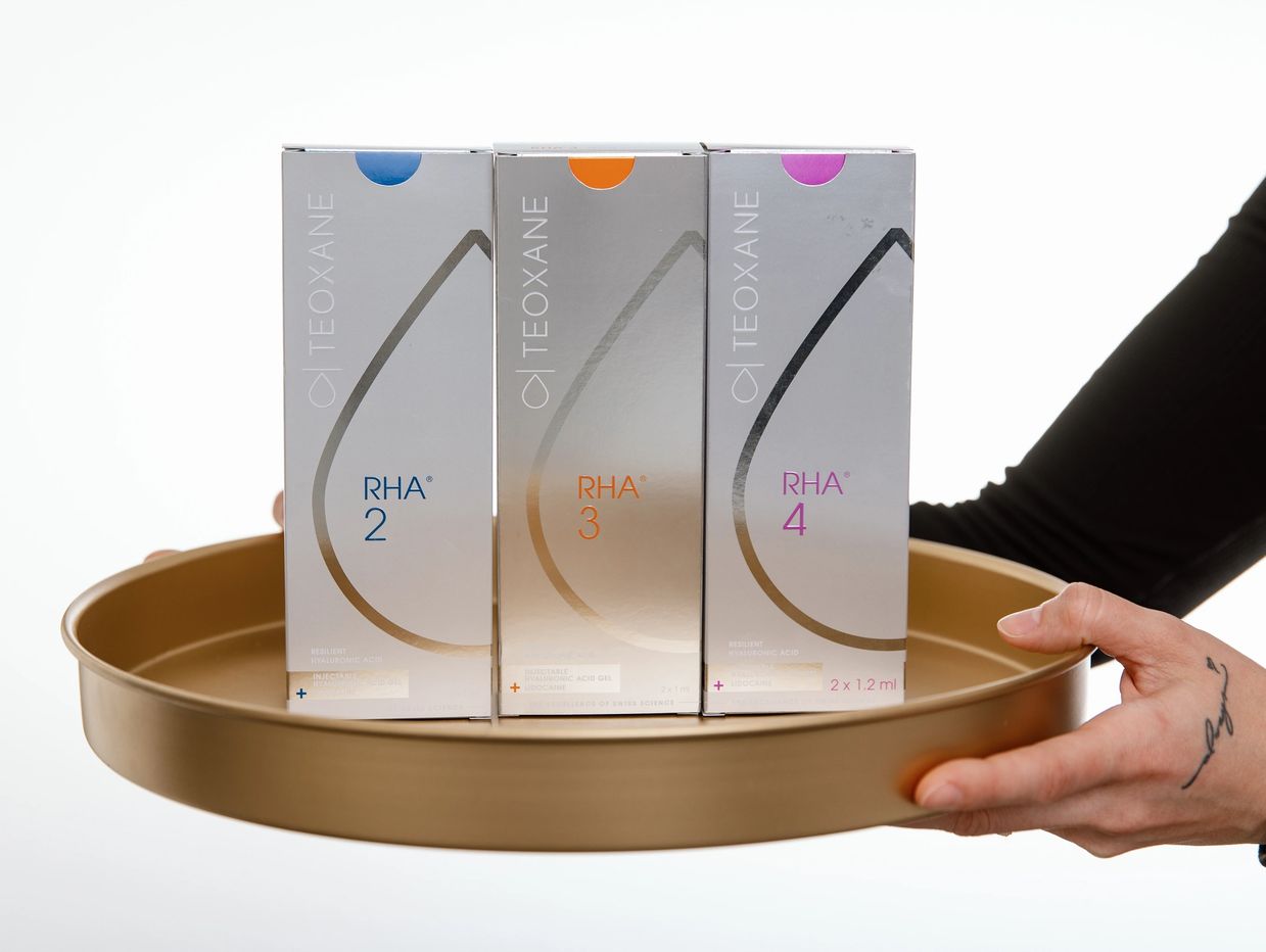 Tray of RHA dermal fillers used for facial balance treatments. Natural looking fillers. 