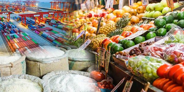 A collage showing a busy shipping port, sacks of rice, and a vibrant fruit and vegetable market.