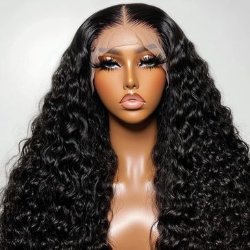 Mannequin with long curly black hair and a lace front wig.