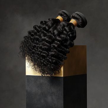 Two bundles of shiny black curly hair extensions on a pedestal.