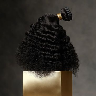 Curly black hair bundle tied with a golden band, displayed on a golden pedestal.