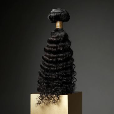 Curly black hair bundle displayed on a pedestal against a dark background.