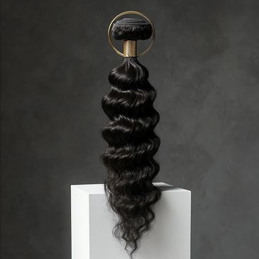 Glossy black wavy hair bundle displayed on a white pedestal with a dark background.