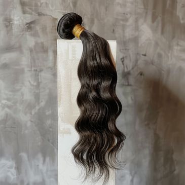 A bundle of shiny, wavy black hair extensions tied with a golden band.