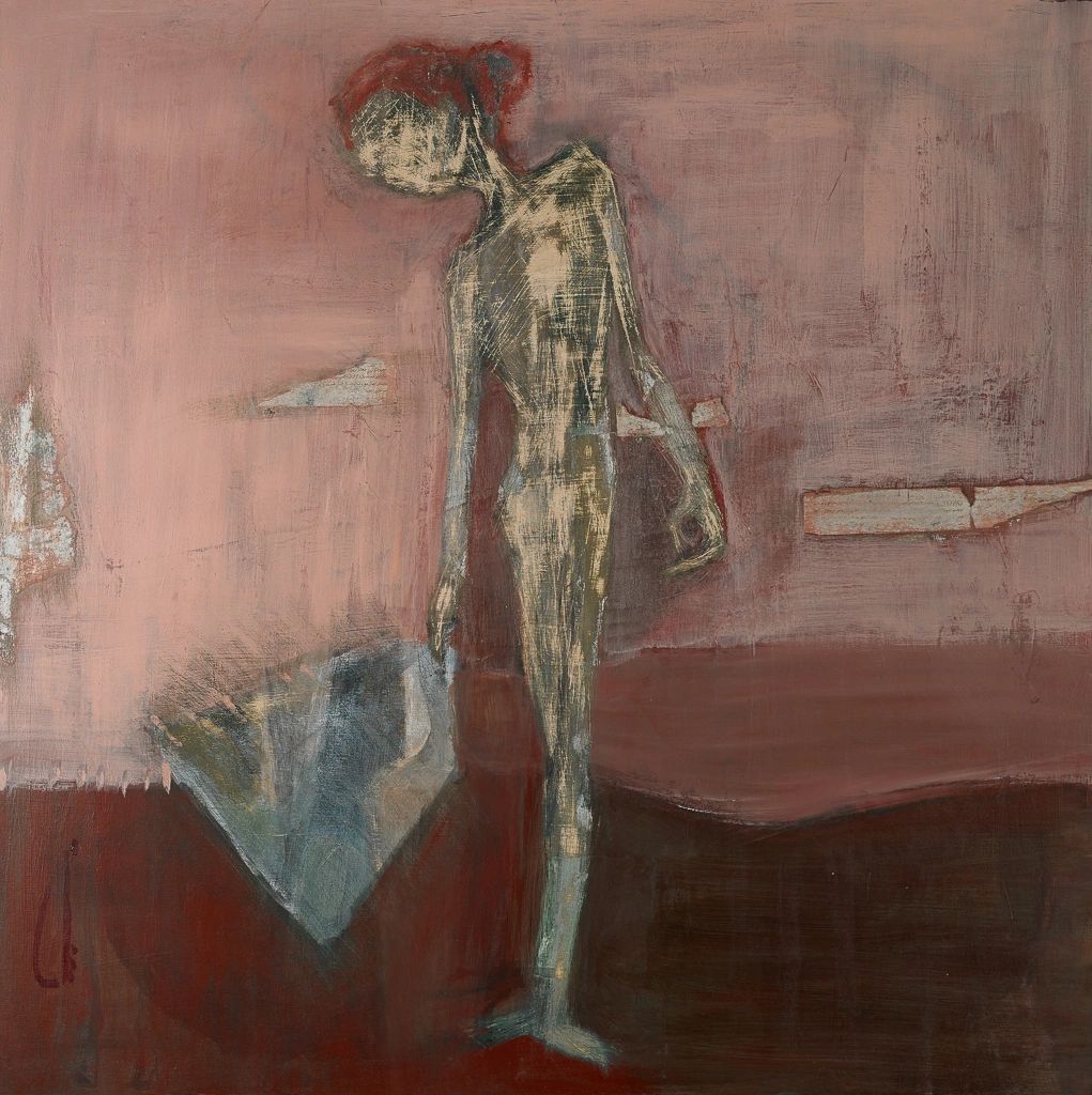 Abstract figure with red hair in muted tones.