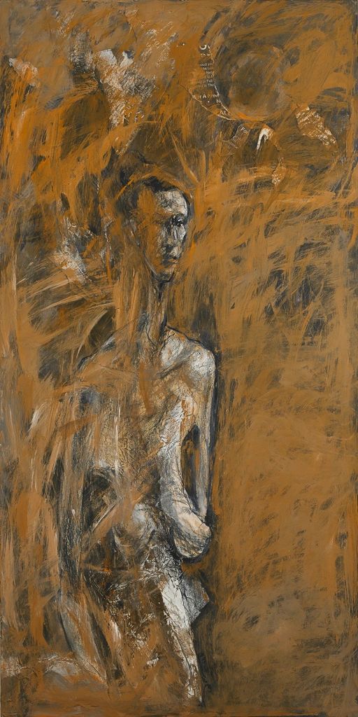 Abstract painting of a figure in earthy tones.