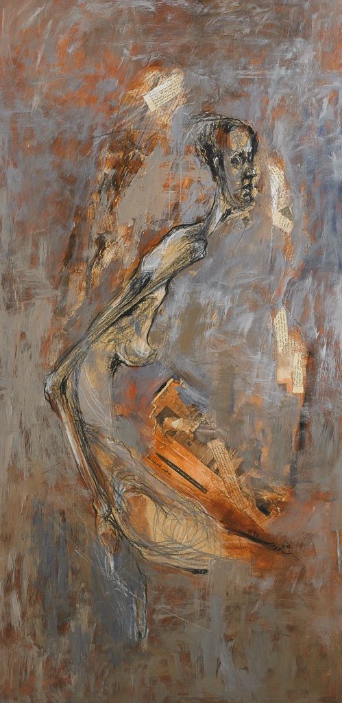 Abstract painting of a seated human figure with sketch-like lines.