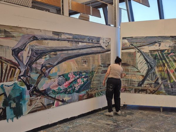 "Suppression" is a captivating mixed-media painting measuring 212"x64", showcasing a unique blend of