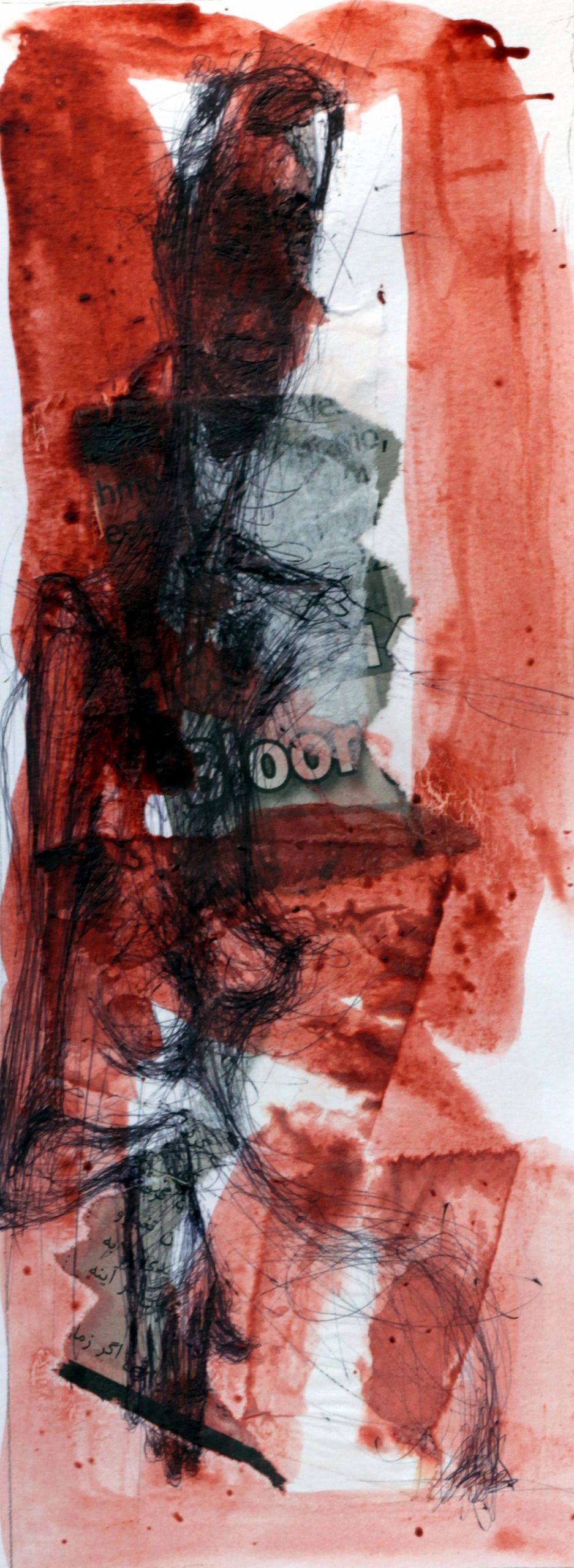 Abstract mixed media figure in red and black tones.