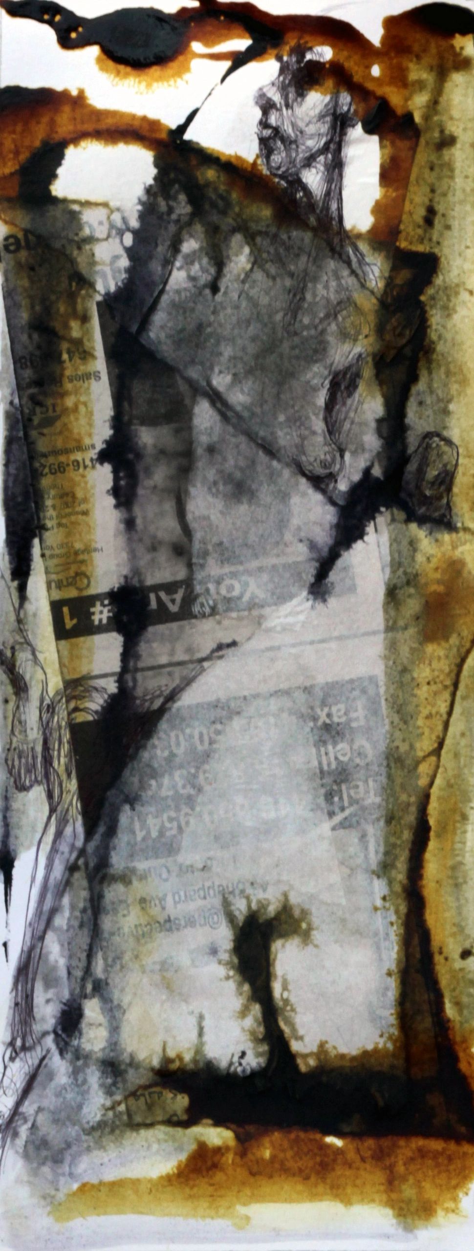 Abstract artwork of a human figure with dark and earthy tones.