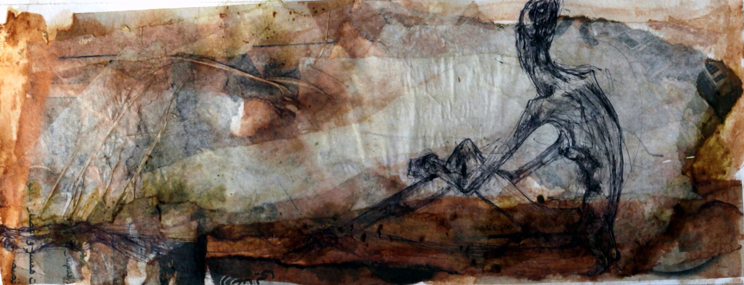 Abstract figure sketch on stained paper.