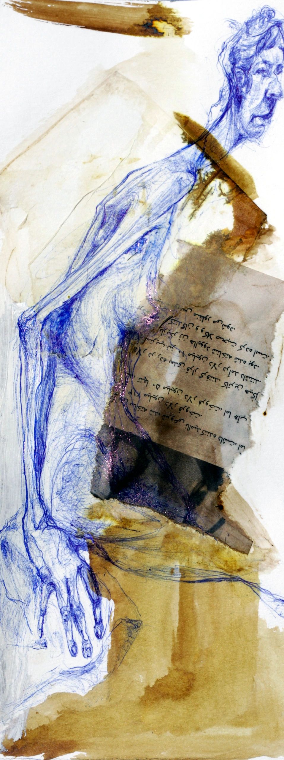 A surreal blue sketch of a seated figure with extended arm and handwritten text.
