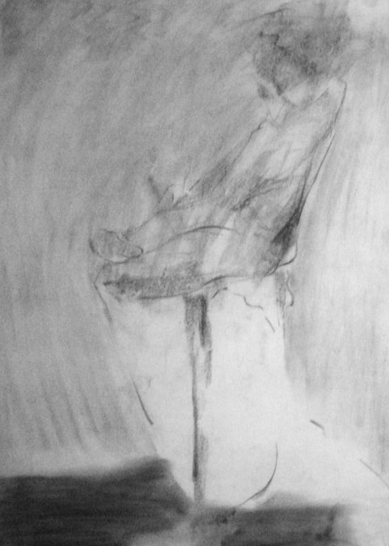 Charcoal sketch of a seated person with indistinct features.