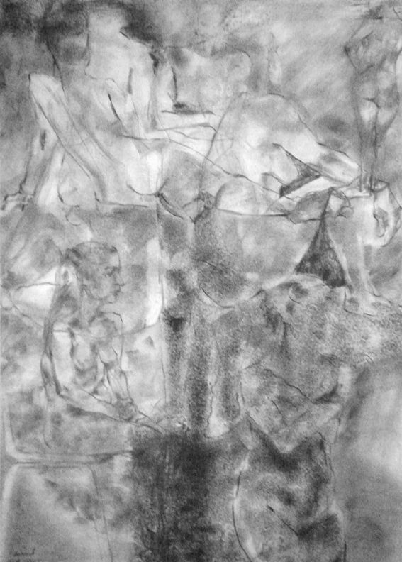 Abstract charcoal drawing of human figures.