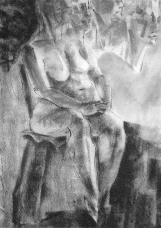Charcoal sketch of a seated nude woman.