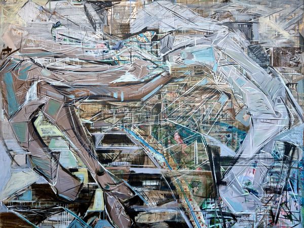"Suppression" is a powerful painting measuring 84"x64", crafted with acrylic and screen print techni