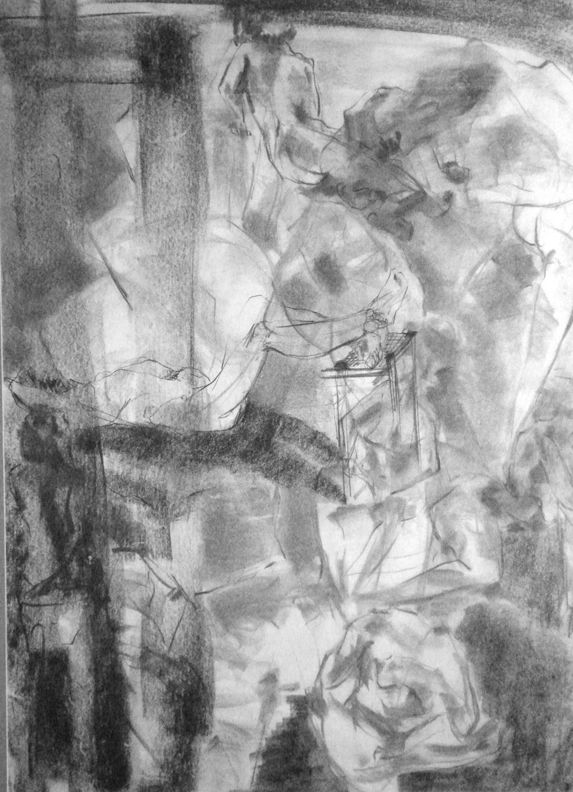 Abstract charcoal sketch of intertwined human figures.