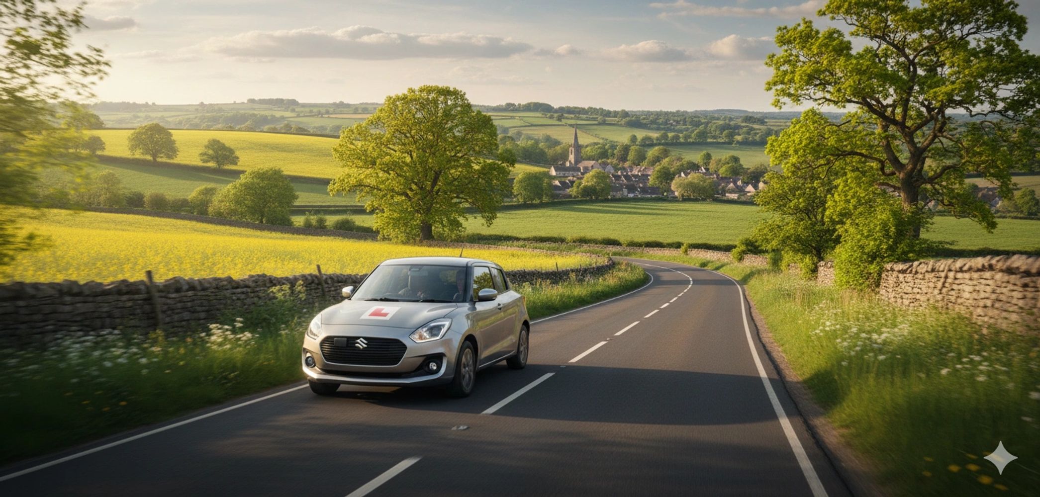 A silver Suzuki driving on a country road with learner plates and scenic countryside.