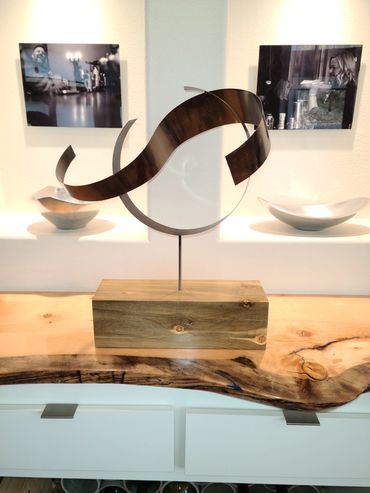Wood, resin and steel abstract table top sculpture