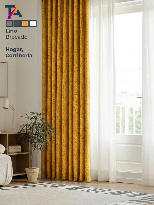 Elegant mustard yellow brocade curtains in a bright, modern living room.