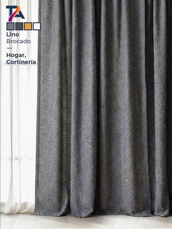 Gray brocade linen curtains with subtle wave patterns, paired with sheer white curtains.