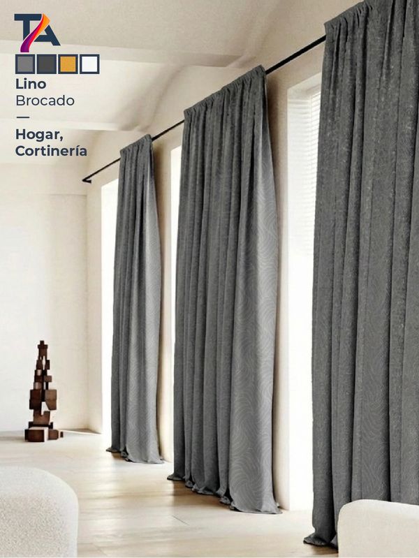 Gray linen brocade curtains in a modern home setting.