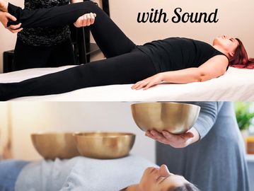 Two wellness therapies: assisted stretching and sound bowl healing.