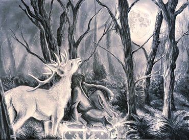 A mystical forest scene with animals under a full moon.