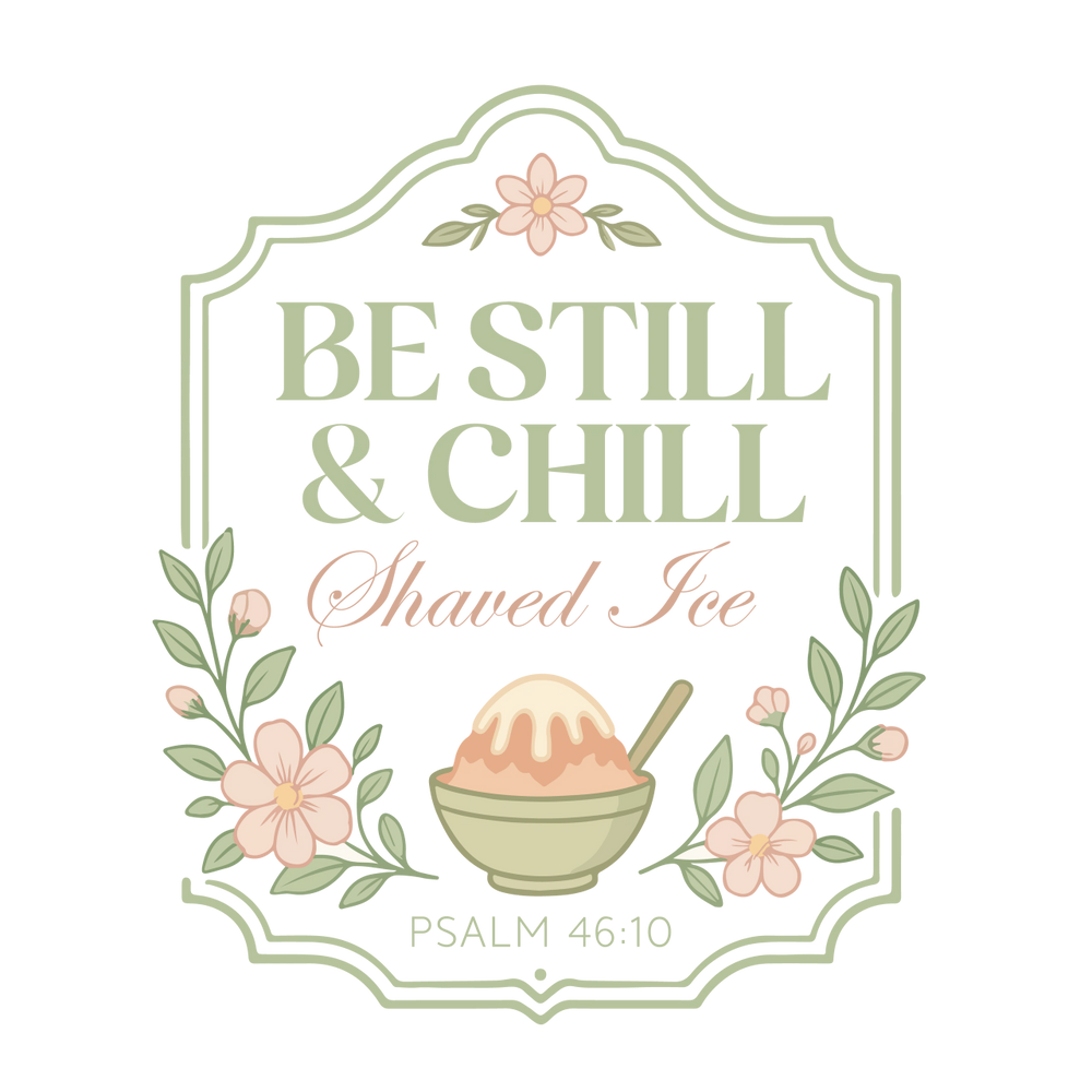Decorative sign with flowers and shaved ice, quoting Psalm 46:10.