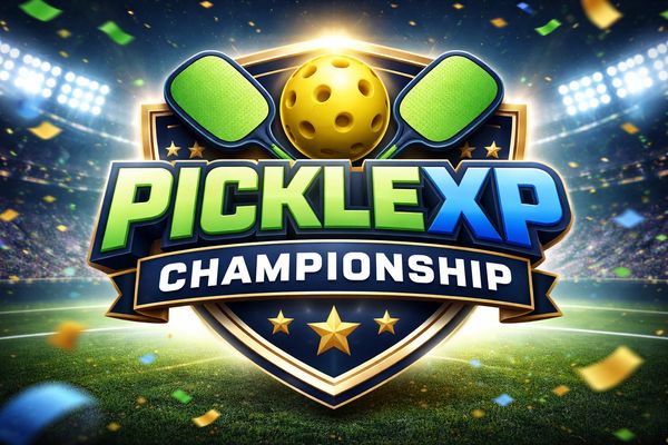 Logo for PickleXP Championship with paddles and ball.