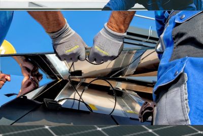 Workers installing solar panels on a rooftop.