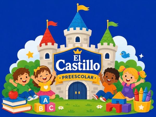 Niños felices frente a un castillo de preescolar.