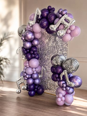 Purple and silver balloon music-themed decoration frame.
