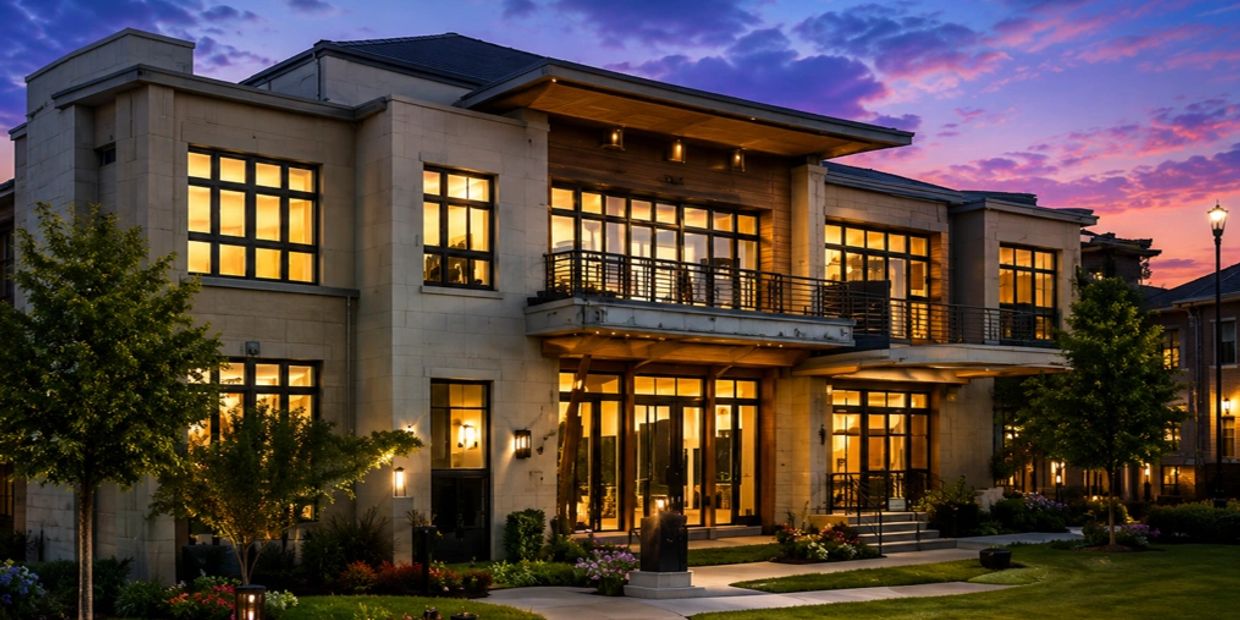 Modern house at sunset with lights on.