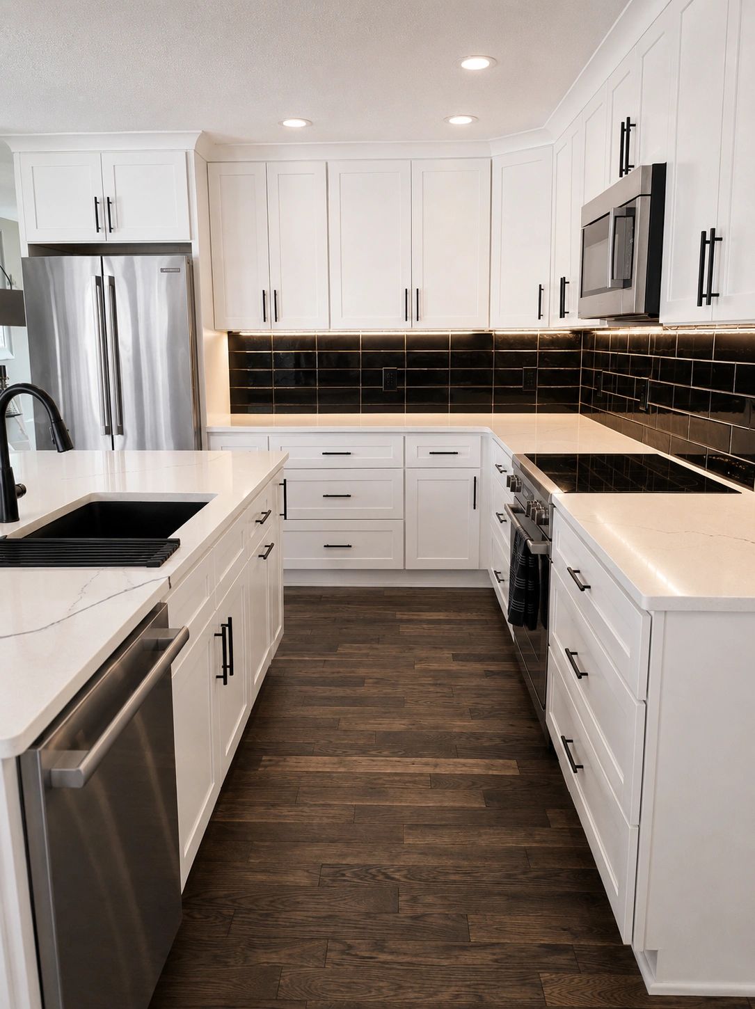 Modern kitchen with white cabinetry, black backsplash, and stainless steel appliances.