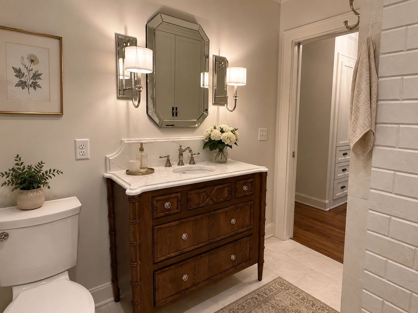Elegant bathroom with wooden vanity, floral decor, and soft lighting.