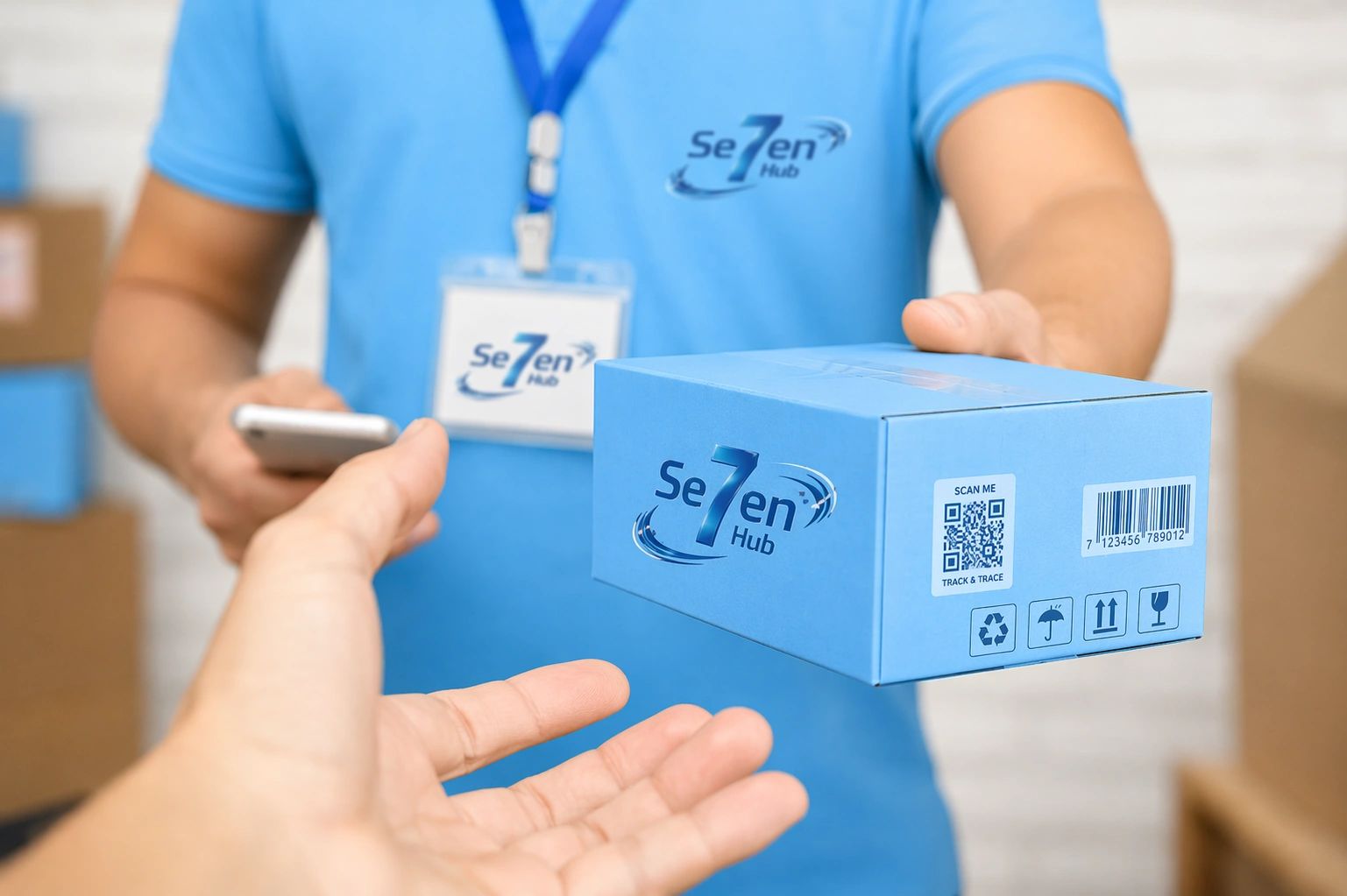 Delivery person handing over a blue Se7en Hub package.