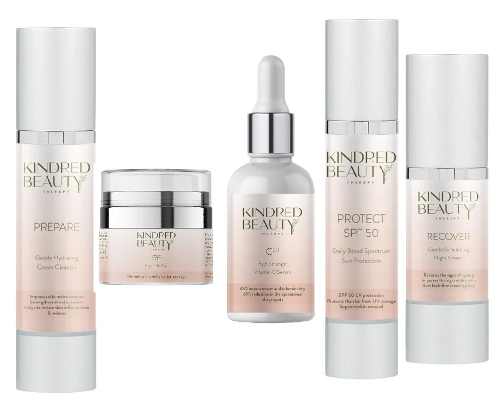 Row of Kindred Beauty Therapy skin care products 